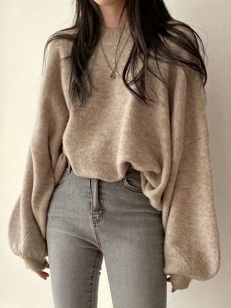 Khaki Casual Collar Long Sleeve Knitwear Plain Pullovers Embellished Slight Stretch Spring/Fall Women Clothing Casual College Outfits, Pullover Outfit, Off Shoulder Fashion, Easy Trendy Outfits, Mode Inspo, Fur Fashion, 여자 패션, Lantern Sleeve, Casual Sweaters