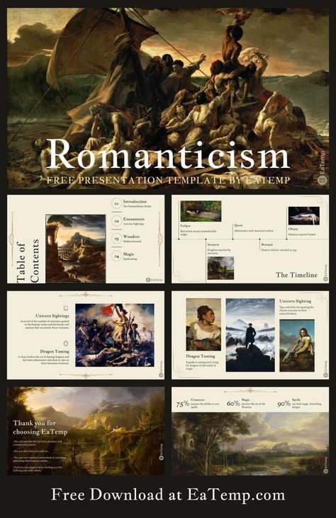 Romanticism 13 in 2024 | Presentation slides design, Powerpoint presentation design, Presentation design template Art Presentation Design, Canva Slide Ideas, Documentation Layout, Presentations Aesthetic, Canva Ppt Template, Design Presentation Ideas, Canva Presentation Ideas, Canva Slides, Canva Layout Ideas