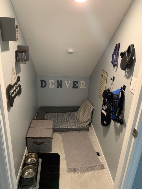 Pet Room Ideas Under Stairs, Dogs Room Under The Stairs, Doggie Nook Under Stairs, Under The Staircase Dog House, Dog Room Ideas In Closet, Closet Converted To Dog Room, Dog Closet Ideas Pet Rooms, Under Stairs Closet Dog Room, Dog Room In Closet