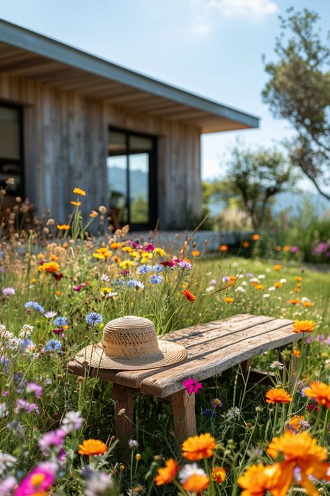 Wildflower Backyard, Wildflower Garden Ideas, Hippie Garden Ideas, Colorful Backyard, Hippie Garden, Wallpaper 2024, Garden Inspo, Wood Crafting, Wild Garden