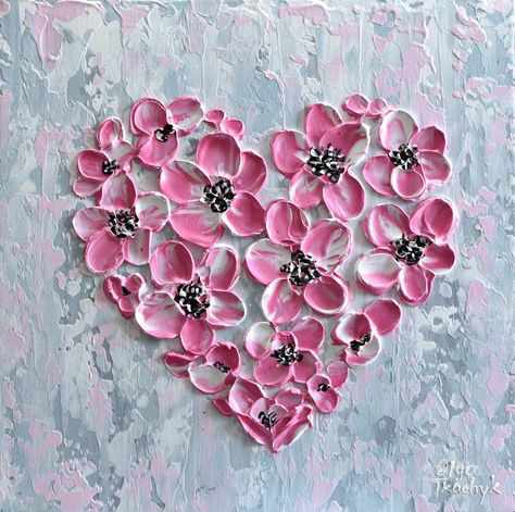 Heart Painting On Canvas, Impasto Flowers, Red Poppy Painting, Heart Art Print, Heart Canvas, Floral Rosa, Poppy Painting, Abstract Floral Art, Feather Painting