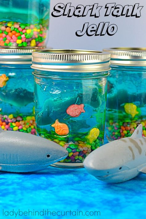 Shark Tank Jello Shark Week Party, Shark Birthday Party, Kids Treat, Ocean Party, Shark Themed, Jello Recipes, Shark Party, Shark Birthday, Under The Sea Party