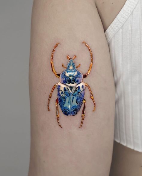 Kintsugi Tattoo, Gold Beetle, Blue Ink Tattoos, Beetle Tattoo, 16 Tattoo, Tattoo Reference, Gold Tattoo, Blue Tattoo, Sweet Tattoos