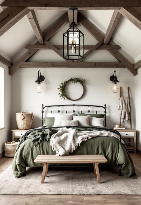 Sage Green Farmhouse Bedroom Western Sage Green Bedroom, Black Metal Bed Frame Green Bedding, Sage Rustic Bedroom, Sage Green Industrial Bedroom, Sage Green And Wood Bedroom Ideas, Farmhouse Bedroom With Green Accents, Gray Bedroom With Green Accents, Black Green And Wood Bedroom, Evergreen Bedroom Ideas