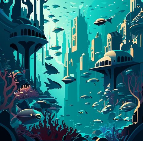 The aquatic utopia advanced civilization... | Premium Vector #Freepik #vector #underwater-city #aquatic-marvels #submerged-metropolis #marine-civilization Futuristic Underwater City Concept Art, Underwater City Drawing, Underwater City Concept Art, Underwater City Fantasy Art, Underwater Civilization, Alien Ocean, Arch Painting, Underwater Vector, Advanced Civilization