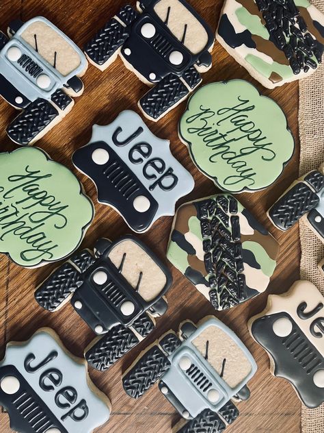 Jeep 1st Birthday Party, Jeep 2nd Birthday Party, Off Road Party Theme, Jeep Cookies Decorated, Jeep Party Ideas, Jeep Birthday Party Ideas, Jeep Cookies, Jeep Birthday Party, Jeep Birthday