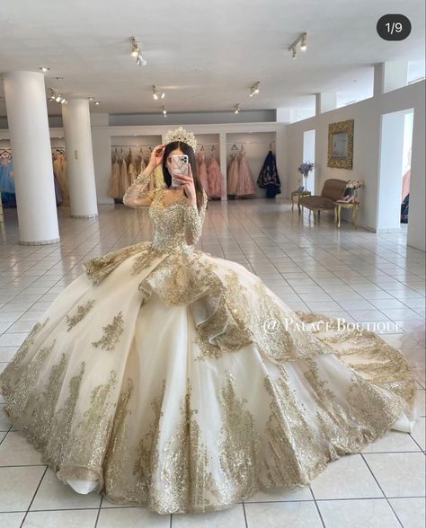 Beige Debut Gown, Aesthetic Quinceanera Dresses, Champagne Quince Dress, Champagne Quince Dresses, Champagne Quinceanera Dresses, Xv Ideas, Xv Dresses, Quinceanera Dresses Gold, Quinceanera Pink