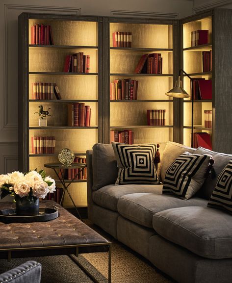 Lockdown Lighting Tips and Decorating Ideas Library Lighting, Bookshelf Lighting, Glass Bookcase, Home Library Rooms, Bookcase Lighting, Bookshelves In Living Room, Interior Design Per La Casa, Bookcase Design, Home Library Design