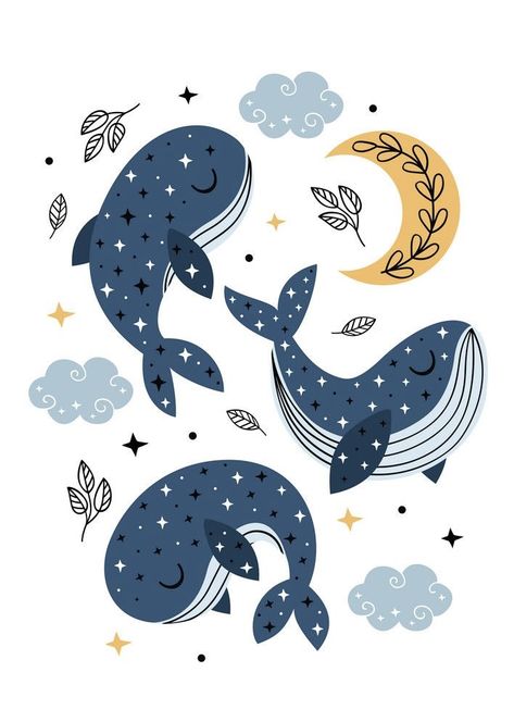 Moon And Clouds, Whale Illustration, Baby Poster, Baby Art, Art Journals, الرسومات اللطيفة, Animal Illustration, Cute Illustration, 그림 그리기