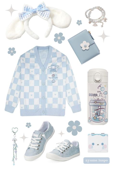 Pastel blue, cinnamoroll moodboard, aesthetic & cute fashion items, accessories and collectibles. All products linked below! ૮ ˶ᵔ ᵕ ᵔ˶ ა Cinnamoroll Clothes Aesthetic, Cute Cinnamoroll Outfit, Cinnamon Roll Outfits, Cinnamoroll Outfit Aesthetic, Cinnamon Roll Clothes, Cinnamaroll Birthday, Cinnamoroll Room Ideas, Cinnamoroll Moodboard, Pastel Blue Cinnamoroll