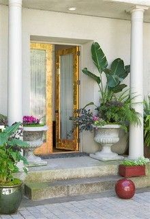 Gold leaf covered door Front Door Colors Interior, Mediterranean Entryway, Front Entrance Decor, Front Door Entryway, Greek Columns, Beautiful Entryways, Gold Door, Door Entryway, Front Door Entrance