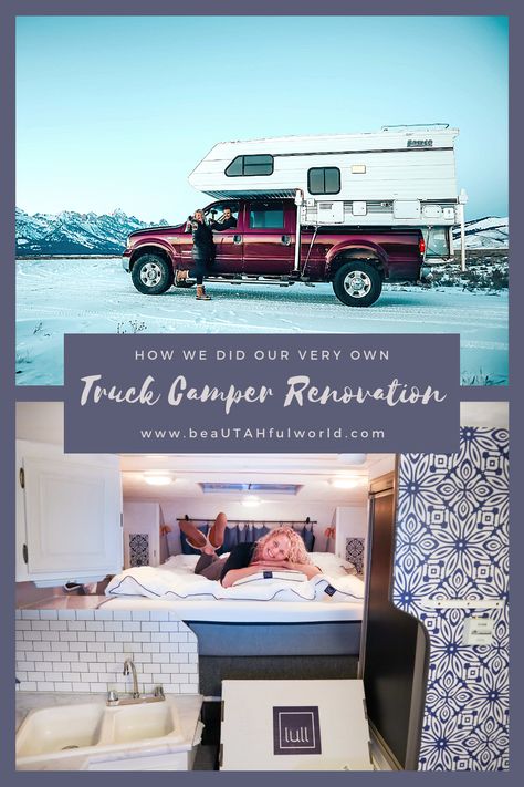 Looking for a way to explore remote places while retaining some modern comforts? This truck camper remodel gives us the ability to bring adventure home. #vanlife #truckcamper camper renovation on a budget, camper renovation ideas, camper renovation color scheme, camper renovation diy, camper renovation before after, truck camper interior, truck camper makeover, truck camper ideas, truck camper renovation, vanlife interiors Slide In Truck Camper Renovation, Over Cab Camper Remodel, Slide On Camper Ideas, Slide In Camper Remodel Interiors, Lance Truck Camper Remodel, Remodeled Truck Campers, Lance Camper Makeover, Pop Up Truck Camper Remodel, Truck Camper Remodel Interiors