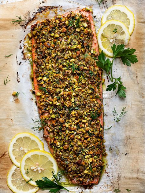 Pistachio Pesto Salmon, Pistachio Fish Recipes, Pistachio Crusted Salmon Air Fryer, Salmon With Pistachio, Pistachio Crusted Tilapia, Pistachio Salmon Baked, Pistachio Encrusted Salmon Recipe, Salmon With Pistachio Crust, Savory Pistachio Recipes