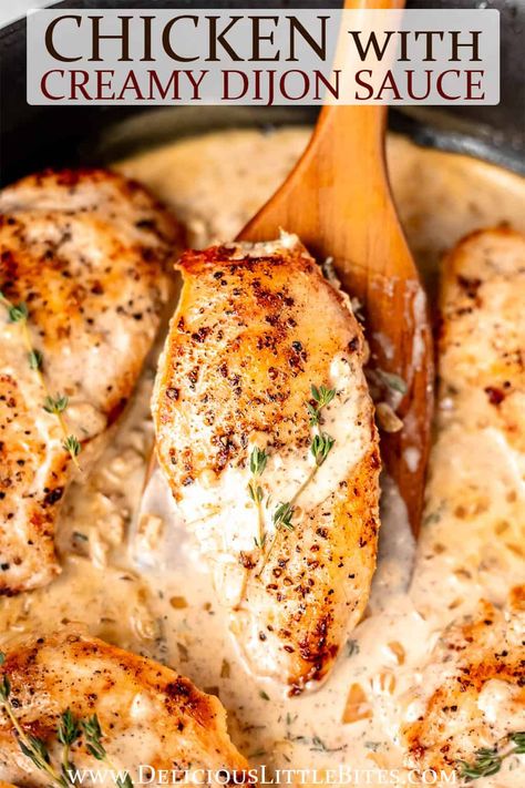 Chicken with Creamy Dijon Mustard Sauce is a simple, incredibly delicious recipe made with pan-seared chicken breasts in a luscious, rich sauce made with white wine, cream, and Dijon mustard. It's simple enough to be enjoyed on a busy weeknight, yet fancy enough for a special dinner party or event. French Chicken Breast Recipes, Munster Cheese Recipes, Creamy Dijon Chicken, Creamy Honey Mustard Chicken, Chicken Breast Recipes Dinners, Dijon Mustard Sauce, Mustard Chicken Thighs, Creamy Dijon, Mustard Cream Sauce