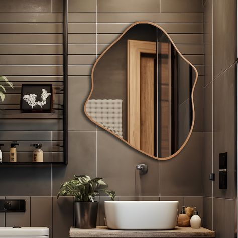 "Irregular Shaped Mirror, Modern Asymmetrical Mirror, Wall Mirror, Aesthetic Bathroom Mirror, Modern Home Decor, Modern Entryway Mirror ✦ Our mirrors are available in different sizes so you can find the perfect one for every room. You can use a mirror to make a small room look larger, or hang several mirrors on the wall to add depth and dimension to the room. ❆ DIMENSIONS: ✦ 17 x 21 cm [7\"x8\" inches] ✦ 33 x 41 cm [13\"x16\" inches] ✦ 50 x 61 cm [19.7\"x24\" inches] ✦ 66 x 81 cm [26\"x32\" inches] ✦ 83 x 101 cm [32.7\"x39.8\" inches] ☺ If you are confused about the sizes, please ask me in the Ask the Seller section. 🎨 COLOR: Black, White, Gold ☺ If you have a special color request, please ask me in the Ask the Seller section. ✦ Our mirrors are suitable for use in every room. You can use Mirror Designs For Bathrooms, Mirrors For Toilets, Asymmetrical Gold Mirror, Mirror Design For Bathroom, Irregular Mirror Bathroom, Bathroom Wall Mirror Ideas, Small Bathroom Mirror Ideas, Modern Entryway Mirror, Basin Mirror Design