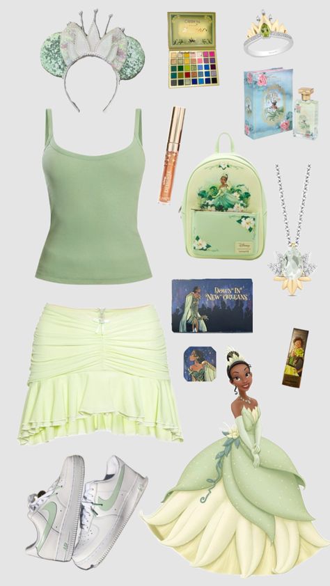 Tiana Disneybounding #disney #tiana #disneybound #tianadisneybounding #outfitinspo Tiana Disneybound, Modern Disney Outfits, Disney Vacation Outfits, Disney Tiana, Disney Character Outfits, Disney Bound Outfits Casual, Disney Trip Outfits, Tiana Disney, Disney Outfits Women