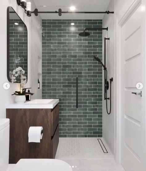 30 Beautiful Small Bathroom Tile Ideas You Will Love Green Tile Small Bathroom Ideas, Tiles On Bathroom Walls, Bathroom 5x8 Ideas, Small Standing Shower Remodel Bathroom Ideas, Small Ensuite Shower Room Tiles, Small Ensuites Narrow, Small Bathroom With Large Tiles, Budget Tile Shower Ideas, Tile In Small Bathroom Ideas