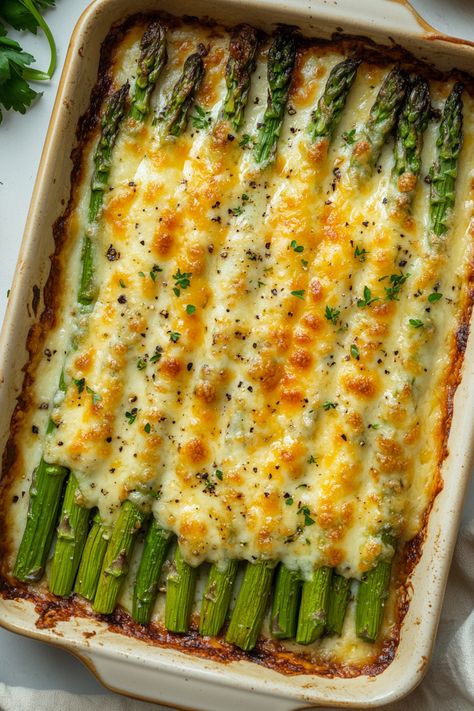 Cheesy Baked Asparagus Baked Veggie Side Dishes, Cheesy Garlic Roasted Asparagus, Asparagus Recipes With Sauce, Turkey And Asparagus Recipes, Cheese Asparagus Recipes, Recipes Using Frozen Asparagus, Yummy Asparagus Recipes, Holiday Asparagus Recipes, Cheesy Baked Asparagus With Gruyere