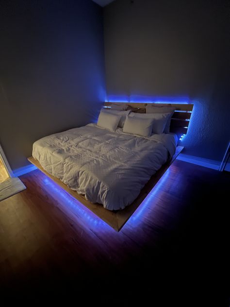 Lights Under Bed, Floating Bed Diy, Diy Bed Frame Easy, Bed Without Headboard, Under Bed Lighting, Bed Frame Plans, Mens Bedroom Decor, Floating Bed Frame, Bed With Led Lights