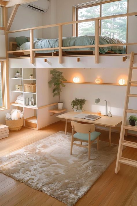 Elevated Kids Bed, Tiny Living Bedroom Ideas, Cute Loft Bed Ideas Aesthetic, Kids Bunkbed Ideas Small Room, Big Kids Room Ideas, 4×4 Bedroom Design, Shared Room Small Space, Custom Loft Bed Ideas, Big Room Inspiration