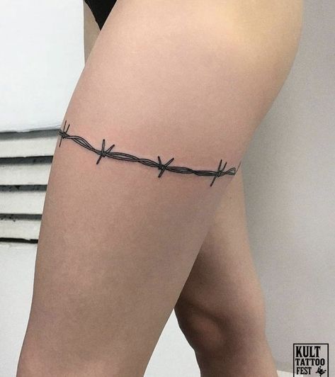 Barb Wire Tattoo Around Thigh, Barbed Wire Tattoo For Women Leg, Chain Around Leg Tattoo, Barb Wire Tattoo Around Leg, Barbed Wire Garter Tattoo, Barbwire Leg Tattoo, Ribbon Tattoos Thigh, Barbwire Tattoo Thigh, Chain Leg Tattoo