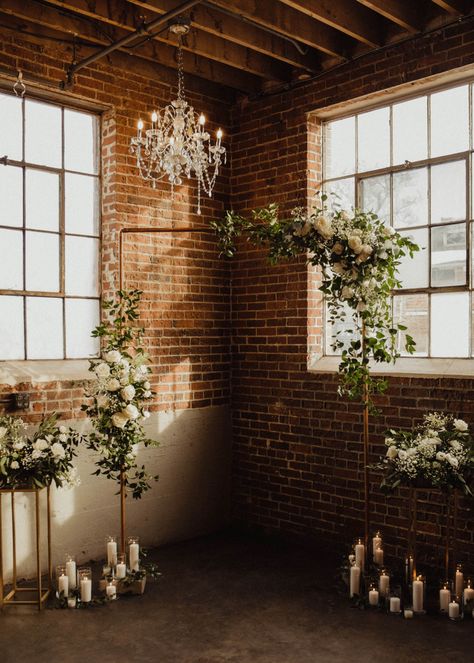 Industrial Ceremony Decor, Industrial Wedding Altar, Wedding Arch Industrial, Industrial Greenery Wedding, Rustic Warehouse Wedding, Minimal Ceremony Backdrop, Brick Wall Ceremony Backdrop, Exposed Brick Wedding Venue Decor, Minimal Wedding Decor Ceremony Backdrop