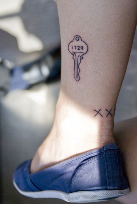 http://tattoomagz.com/numbers-tattoos/cute-key-tattoo-on-leg/ House Key Tattoo Designs, House Key Tattoo, House Number Tattoo, Key Tattoo Men, Key Tattoo Designs Vintage, Steampunk Key Tattoo, Crossed Keys Tattoo, Disney Key Tattoo, Cool Tattoo Placement