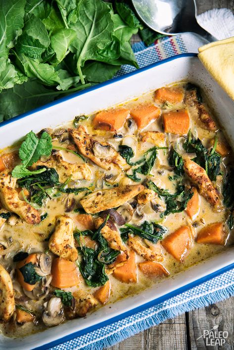 Chicken with Spinach, Sweet Potatoes and Mushrooms #paleo What To Make With Chicken, Potatoes And Mushrooms, Chicken With Spinach, Spinach Bake, Sweet Potato Spinach, Barefoot Contessa, Chicken Potatoes, Mushroom Chicken, Spinach Stuffed Chicken