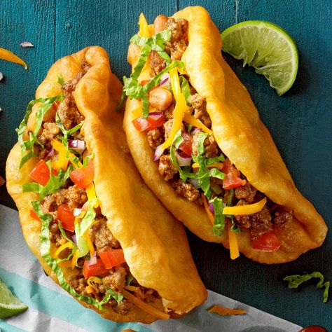 Easy Fry Bread, Navajo Fry Bread, Fry Bread Tacos, Indian Tacos, Fried Bread Recipe, Fried Tacos, Frozen Bread Dough, Vegetarian Tacos, Fish Tacos Recipe