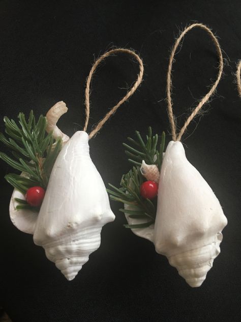 Holiday Shell Crafts, Small Conch Shell Crafts, Diy Seashell Crafts Vacation Memories, Ornaments With Shells, Fun Ornaments To Make, Sea Shell Christmas Tree Ornaments, Seashell Christmas Decorations, Diy Ocean Ornaments, Sea Shell Ornaments Diy Coastal Christmas