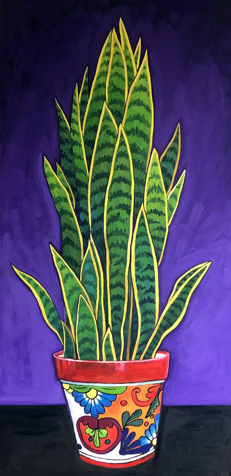 Snake Plant Drawing, Talavera Painting, Snake Plant Painting, Snake Plant Art, Talavera Painting Canvas, Mexican Paintings Ideas, Snake Plant Acrylic Painting, Painting Therapy, Lattice Trellis