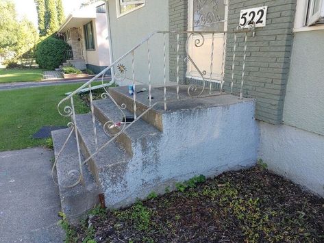 Many homes have the basic concrete front steps, like mine, and they certainly don't add an visual interest to the home. In my opinion. These stairs are not my own, this is a project I did with my sister for her house. But, after the results, I definitely will be doing it to mine!This is the stairs before. Please forgive the pic, didn't realize the quality until it was too late. Here's a side shot to get a better idea. So basically tired and old looking. No curb appeal whatsoever. L… Front Step Makeover Concrete, Concrete Steps Front Door, How To Update Concrete Steps, Diy Front Steps Makeover, Concrete Porch Makeover Diy Front Steps, Fixing Concrete Steps, Old Concrete Steps Makeover, Front Porch Stairs Ideas Concrete Steps, Painted Concrete Steps Front Porches