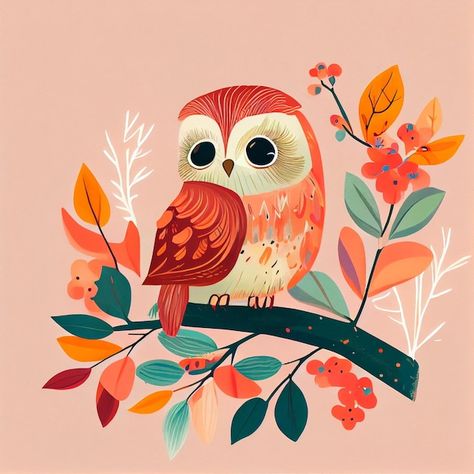 Owl Cute Illustration, Bird Cute Illustration, Owl Cute Drawing, Bird Cartoon Cute, Cute Owl Painting, Cute Winter Illustration, Owl Illustration Art, Owls Illustration, Cartoon Owl Drawing