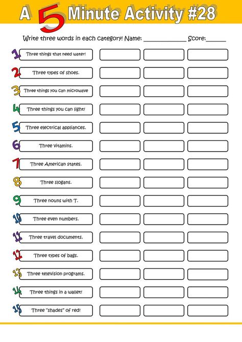 This is a fun 5-minute activity for your ESL classroom. Have your students write 3 words per category as fast as they can. 5 Minute Activity, Materi Bahasa Inggris, Esl Activities, English Games, Speaking Activities, Icebreakers, English Activities, Esl Teaching, Esl Worksheets