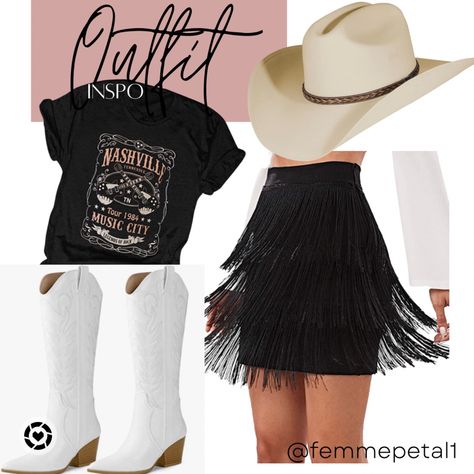 Outfits With Fringe Skirt, Black Fringe Skirt Outfit Western, Black Fringe Skirt Outfit Country, Nashville Fringe Outfit, Country Concert Outfit Fringe, Black Cowboy Boots Outfit Concert, Fringe Skirt Outfit Country, Black Fringe Skirt Outfit, Country Concert Looks