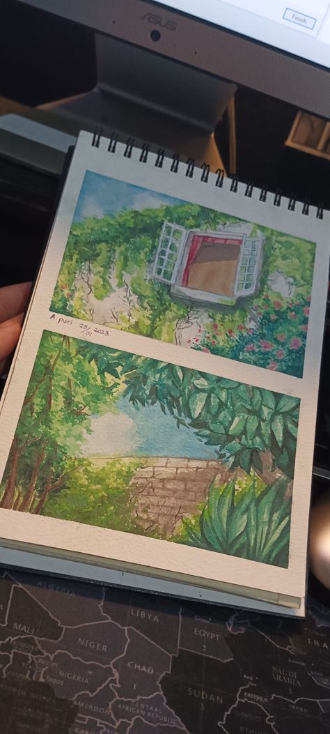 Studio Ghibli Watercolor Art Landscape, Studio Ghibli Color Pencil Art, Ghibli Drawing Watercolor, Watercolor Art Studio Ghibli, Watercolour Studio Ghibli, Ghibli Artwork Illustrations, Studio Ghibli Painting Watercolor, Ghibli Watercolor Painting, Water Colour Art Aesthetic