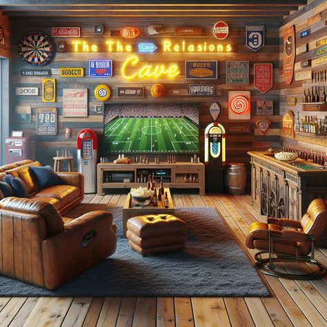 This ultimate man cave boasts reclaimed wood panels, neon signs, a rustic bar, and sports memorabilia. It's equipped with a soda dispenser, popcorn machine, beer fridge, flat-screen TV, gaming setup, and vintage game arcade. #ManCave #HomeBar #GameRoom #SportsMemorabilia #VintageArcade #RusticDesign Sports Room Decor Man Caves, Cabin Gameroom, Man Cave Small Room, Home Sports Bar Ideas, Tv Gaming Setup, Man Cave Tv Wall, Sardinia House, Small Man Cave Ideas, Soda Dispenser