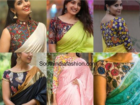 Plain Saree With Kalamkari Blouse – A Must Try Look! Kalamkari Pattu Sarees, Kalamkari Blouse Designs, Kerala Saree Blouse, Kerala Saree Blouse Designs, Kalamkari Dresses, House Of Blouse, Kalamkari Blouse, Kalamkari Designs, Floral Saree