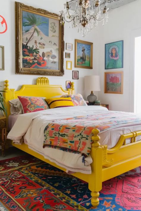 Yellow Bed Frame, Yellow Boho Bedroom, Themed Bedroom Ideas, Yellow Bed, Yellow Accent Walls, Bright Bedroom, Bedroom 2024, Yellow Furniture, Brighter Bedroom