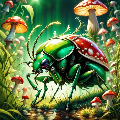 Bug's Perspective. AI ignored my prompt "Fairy Riding a Giant Green Beetle." 🤔 Beetle Drawing, Bugs Drawing, Green Beetle, Bug Art, Hidden Valley, Insect Art, Fantasy Illustration, Awesome Art, Fantasy World