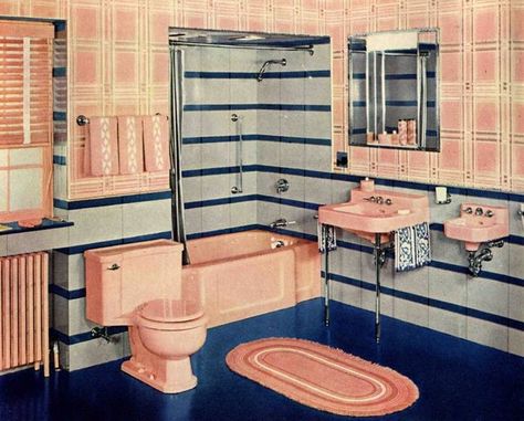 I love pink bathrooms. Another what could have been :( (if my husband wasn't suck a butt) 1940s Interior Design, 1940s Bathroom, 1940s Interior, 1940s Decor, Pastel Bathroom, 1940s Home, Mid Century Bathroom, Retro Bathrooms, Retro Renovation