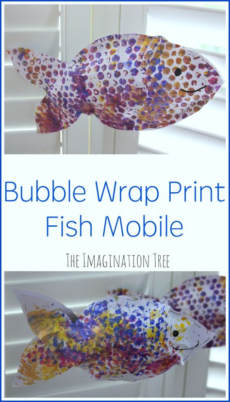 Make a bubble wrap print fish mobile for a fun, sea-side themed craft this summer! Ocean Kids Crafts, Bubble Wrap Crafts, Bubble Wrap Art, Fish Mobile, Mobile Craft, Imagination Tree, Fun List, Ocean Kids, Sea Crafts