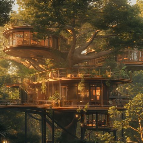 whispers of the wind: steampunk treehouse 🌳🍃 - Unveiling a whimsical treehouse bathed in afternoon sunlight. Biophilic, steampunk ingenuity creates a cozy refuge nestled amongst the branches. Whimsical details whisper of fantastical journeys, a perfect hideaway for dreamers and adventurers alike. ✨ - #ghibliaesthetic #whimsicaldecor #steampunkstyle #treehouseliving #cozyplace #biophilicdesign #treehouses #biophilicarchitecture Fantasy Tree House Interior, Treehouse City, Treehouse Aesthetic, Fantasy Treehouse, Whimsical Treehouse, Treehouse Living, Tree House Interior, Biophilic Architecture, Fantasy Tree