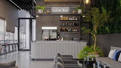 Modern Juice Bar Design, Gym Juice Bar Design, Wellness Bar Ideas, Juice Bar Restaurant, Cafe Juice Bar, Gym With Greenery, Small Juice Bar Design Ideas, Gym Smoothie Bar Design, Luxury Juice Bar