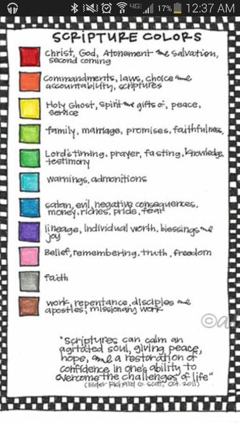 Color Coding Scriptures! "Scriptures can calm the agitated soul, giving peace, hope, and a restoration of confidence in ones ability to overcome the challenges of life." Bible Color Coding, Scripture Marking, Scripture Study Lds, Mormon Scriptures, Lds Scriptures, Scripture Coloring, Verse Mapping, Coloring Books For Adults, Bible Study Methods