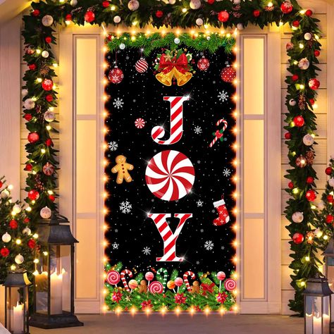 PRICES MAY VARY. Polyester Christmas Decorations for Home : You will receive 1 pieces of Joy Christmas door cover coming with LED lights, Merry Christmas decortions backdrop is designed in black background and Christmas candy JOY element, nice combination and attractive decorations for satisfying your indoor outdoor Christmas decorations demands, easily stands out to catch everyone's eye(Note: the batteries are not included.) Suitable Size : The Christmas Joy decoration banner measures approx. 1 Christmas Joy Decorations, Peppermint Christmas Decorations, Christmas Door Cover, Theme Carnaval, Holiday Door Decorations, Christmas Door Decorating Contest, School Door Decorations, Door Decorating Contest, Winter Holiday Party