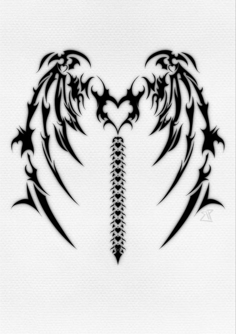 Succubus Wings Back Tattoo, Skeletal Wings Back Tattoo, Spine Shirt Design, Spine Heart Tattoo, Y2k Wings Drawing, Succubus Wings Tattoo, Heart Wings Tattoo Design, Spine Tattoos Wings, Heart Spine Tattoo