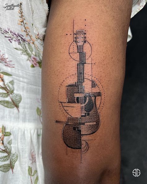 Cool Guitar Tattoo Designs, Guitar Tattoo For Men Forearm, Guitar Geometric Tattoo, Musical Tattoos For Guys, Electric Guitar Tattoo Design, Tattoo Ideas Guitar, Music Inspired Tattoos, Guitar Tattoo Ideas, Guitar Abstract