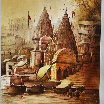 Kishnu Kurmi Kashi Ghat Painting, Varanasi Pictures, Competition Painting, Banaras Ghat, Varanasi Ghat, Watercolor Indian, Canvas Art Painting Abstract, Rajasthani Art, Watercolor Paintings Nature