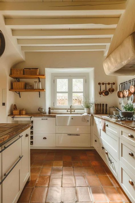 Mediterranean Kitchen Floor, Kitchen Interior Spanish, Spanish Galley Kitchen, Saltio Tile Floors, Spanish Villa Kitchen Hacienda Style, Mediterranean Farmhouse Kitchen, Color Drenched Kitchen, Medditeranean Kitchen, Spanish Tile House